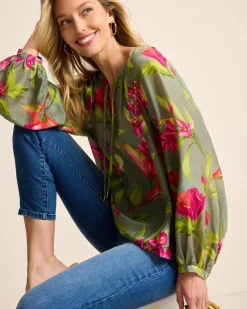 Tommy Bahama Agua Amara Lavish Blooms Peasant Top Tea Leaf Sale