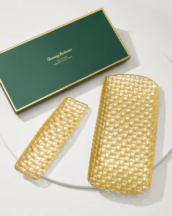 Tommy Bahama Braided Glass Serving Trays — Set of 2 Gold New