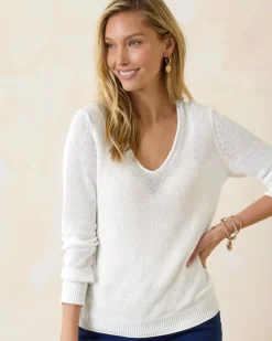 Tommy Bahama Cedar Linen Long-Sleeve V-Neck Sweater White Best