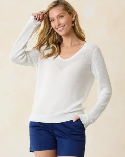 Tommy Bahama Cedar Linen Long-Sleeve V-Neck Sweater White Best
