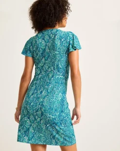 Tommy Bahama Clara Playa Python Short-Sleeve Faux-Wrap Dress Atlantis Teal Online