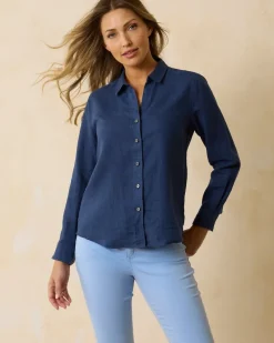 Tommy Bahama Coastalina Linen Long-Sleeve Shirt Island Navy Clearance