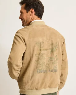 Tommy Bahama Collector's Series '24 Paradise Oasis Suede Bomber Jacket Tan Nubuck Hot