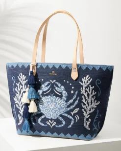 Tommy Bahama Embroidered Fiesta Crab Tote Blue Hot