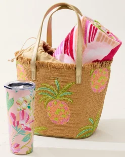 Tommy Bahama Flamingo Pineapple Straw Tote Natural Pink