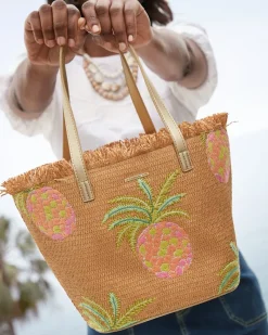 Tommy Bahama Flamingo Pineapple Straw Tote Natural Pink