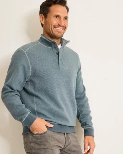 Tommy Bahama Flip Coast Reversible Snap Mock Sweatshirt Dark Twilight Blue Heather New