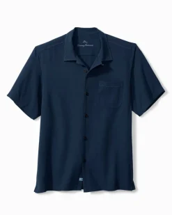Tommy Bahama Hawaiian Herringbone Silk Camp Shirt Navy Hot