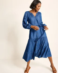 Tommy Bahama Indigo Cove Embroidered Midi Dress Dark Sky Wash