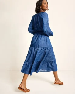 Tommy Bahama Indigo Cove Embroidered Midi Dress Dark Sky Wash