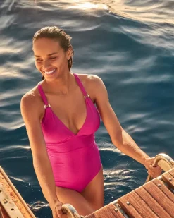 Tommy Bahama Island Cays Gold Ring One-Piece Swimsuit Pink Maui Hot