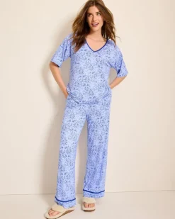 Tommy Bahama Jersey V-Neck Top & Pants Pajama Set Periwinkle Clearance