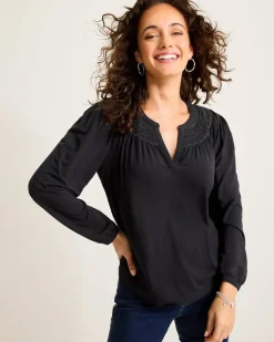 Tommy Bahama Kauai Long-Sleeve Smocked Top Black Discount