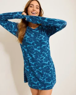 Tommy Bahama Knit Long-Sleeve Short Sleep Dress Deep Sea Teal Best