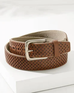 Tommy Bahama Leather Mesh Cushion Performance Belt Tan Hot