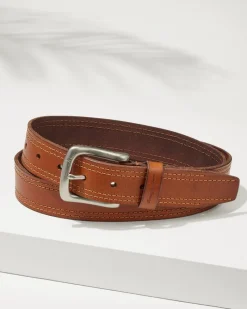 Tommy Bahama Leather Top-Stitch Belt Tan