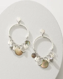 Tommy Bahama Marco Island Shell and Mother of Pearl Drop Hoop Earrings Silver New