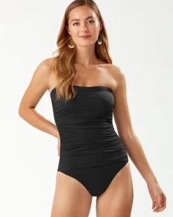 Tommy Bahama Pearl Shirred Bandeau One-Piece Swimsuit Black