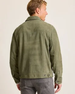 Tommy Bahama Pine Lake Suede Trucker Jacket Beetle Green Sale