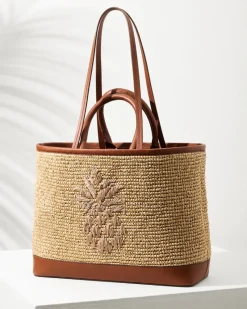 Tommy Bahama Raffia & Leather Pineapple Tote Tan Hot