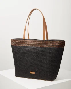 Tommy Bahama Raffia Palms Beach Tote Black Multi New