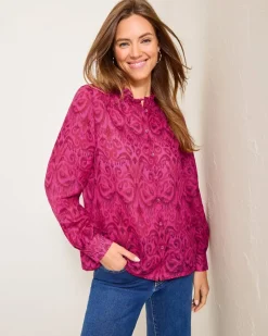 Tommy Bahama Seaside Ikat Long-Sleeve Ruffle-Neck Top Pink Papaya Sale