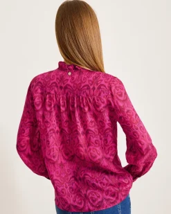Tommy Bahama Seaside Ikat Long-Sleeve Ruffle-Neck Top Pink Papaya Sale