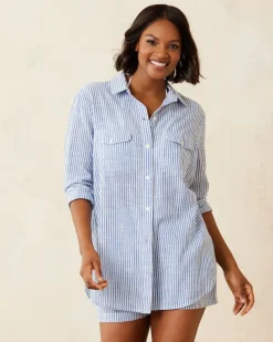 Tommy Bahama Shoreline Stripe Boyfriend Beach Shirt Beaming Blue Online