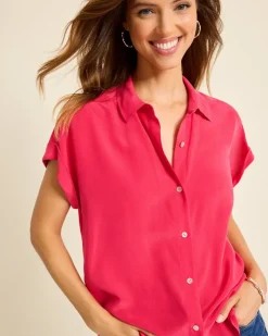 Tommy Bahama Silk Dolman Camp Shirt Raspberry Hibiscus Discount