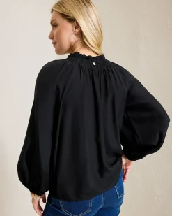 Tommy Bahama Silky Seas Smocked Peasant Top Black Clearance