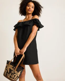 Tommy Bahama St. Lucia Linen-Blend Off-the-Shoulder Coverup Dress Black New