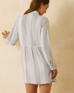 Tommy Bahama St. Lucia Linen-Blend Rugby Stripe Beach Shirt Med Khaki