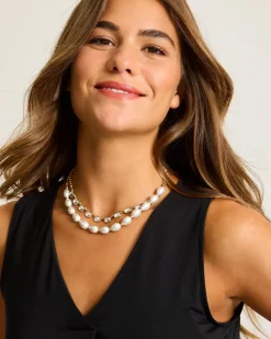 Tommy Bahama Tidal Treasure Baroque Pearl and Stone Layered Necklace Gold New