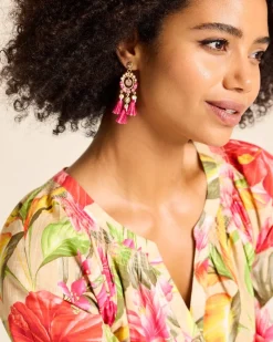 Tommy Bahama Tropical Blooms Tassel Shell Statement Earrings Fuchsia New