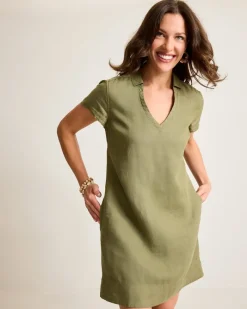 Tommy Bahama Two Palms Short-Sleeve Linen Collared Dress Tea Leaf New