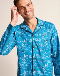 Tommy Bahama Woven Long Sleeve & Pants Pajama Set Slate Teal